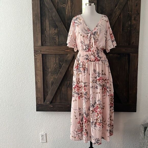New Plus Size Floral Bohemian High Waist V Neck Long Summer Dress Dusty Pink - Picture 4 of 12